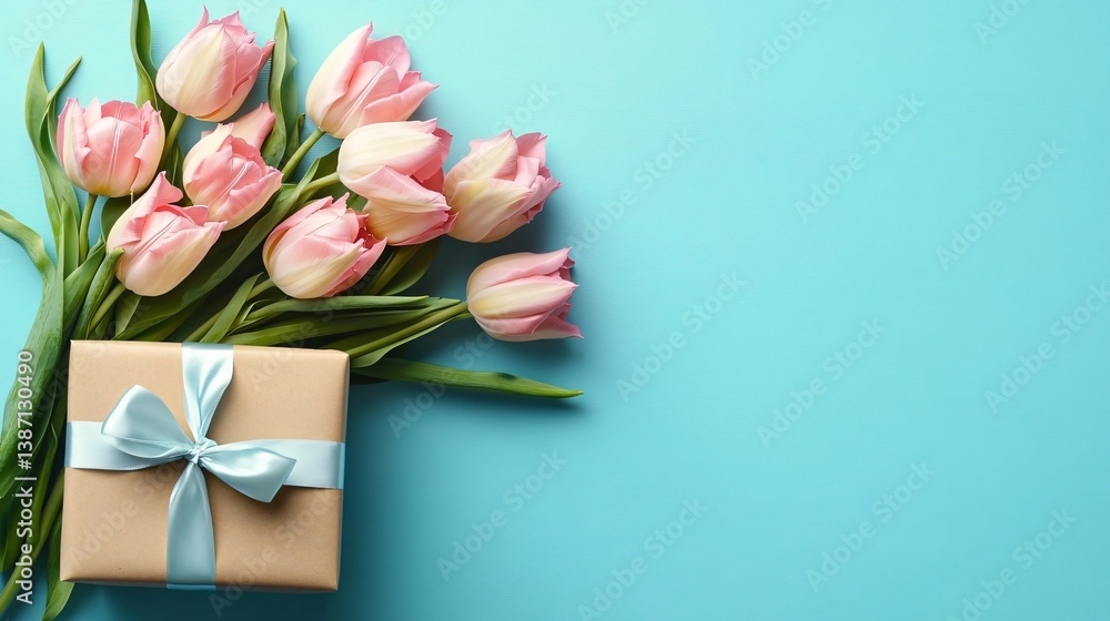 Fototapeta premium A beautifully wrapped gift with tulips on a pastel background, perfect for spring events like birthdays, Easter, or Mother's Day celebrations.