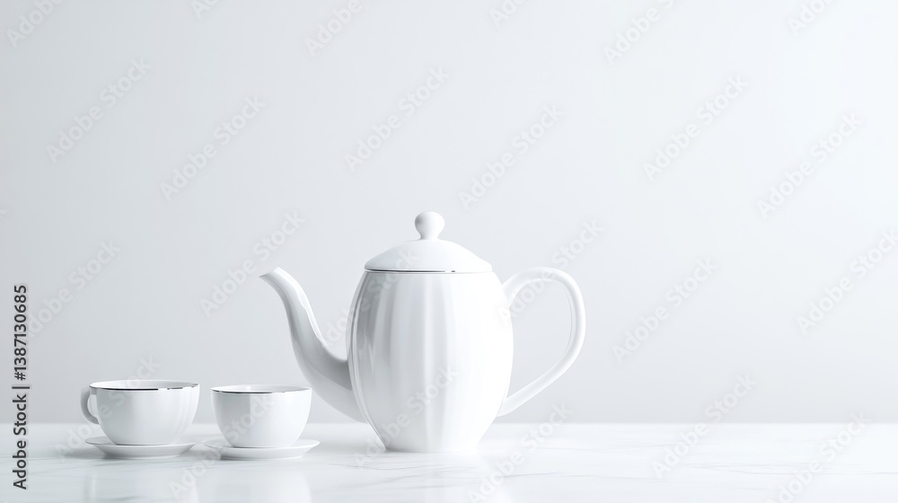 A white teapot with a ribbed body sits center, flanked by two matching teacups and saucers. The minimalist composition features a clean white background. The image is well-lit, high-quality, and sho A white teapot with a ribbed body sits center, flanked by two matching teacups and saucers. The minimalist composition features a clean white background. The image is well-lit, high-quality, and sho