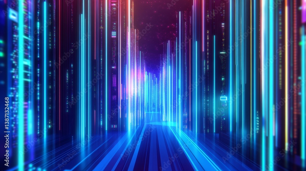 Futuristic digital corridor with vibrant neon lights and abstract data streams in motion Futuristic digital corridor with vibrant neon lights and abstract data streams in motion