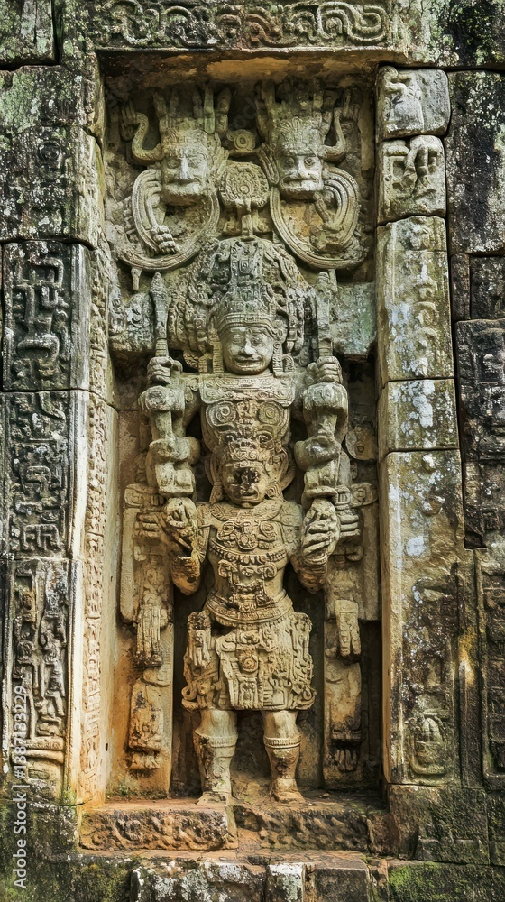 Ancient Stone Carving Displaying Intricate Reliefs of a Deity and Mythological Figures Ancient Stone Carving Displaying Intricate Reliefs of a Deity and Mythological Figures