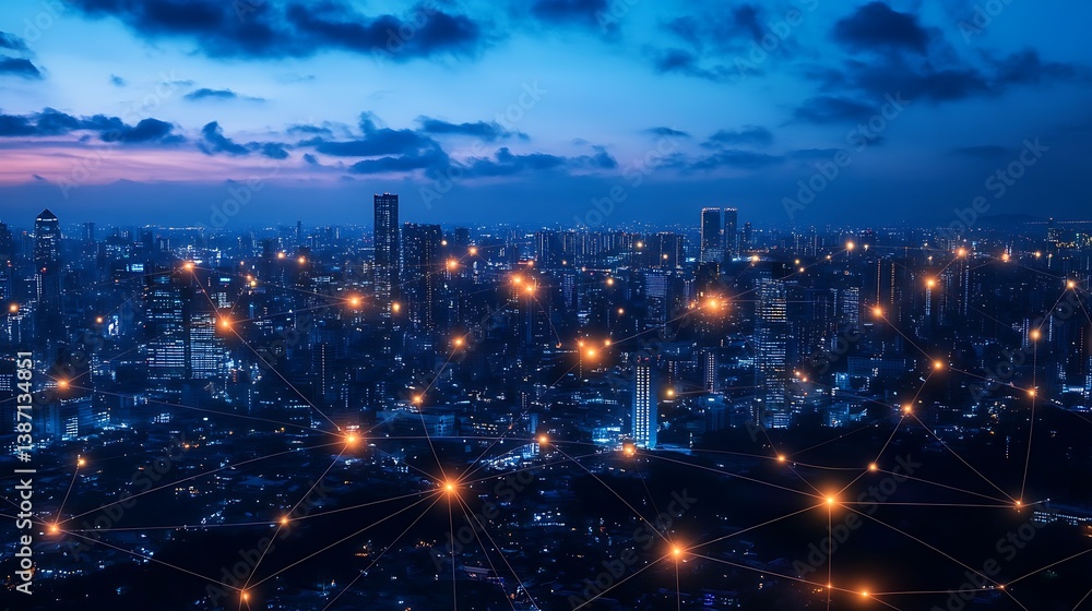 Obraz premium Futuristic Cityscape with Glowing Data Lines Transferring Between Skyscrapers – Advanced Urban Network Captured Through Camera