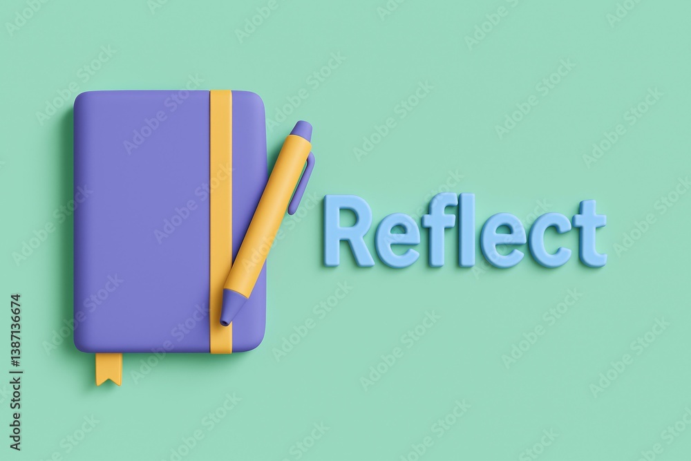 3D Illustration of Mental Health Reflection with Journal and Pen on Green Background