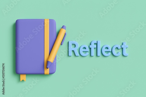 Obraz na płótnie 3D Illustration of Mental Health Reflection with Journal and Pen on Green Background w salonie