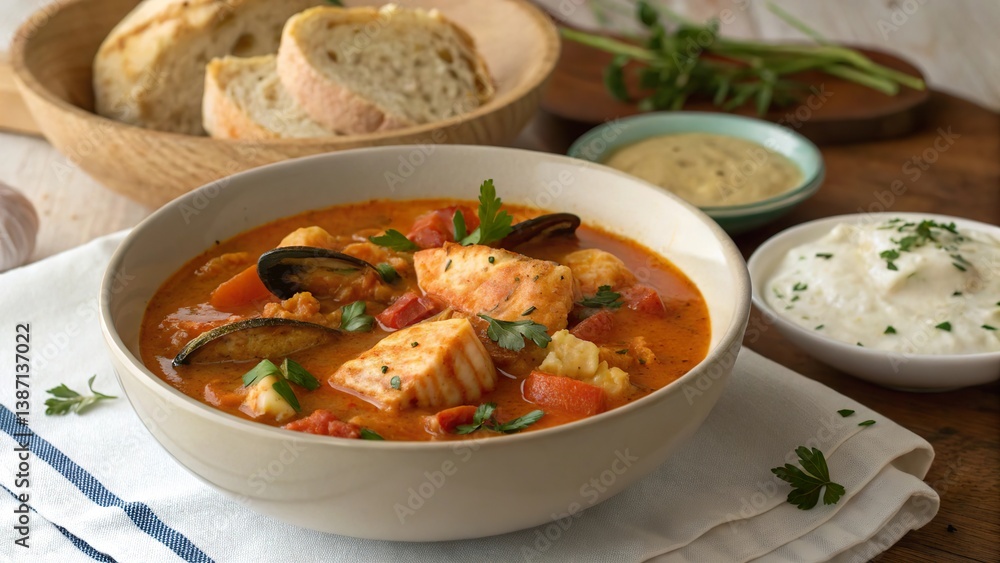 Savory bouillabaisse served with aioli and crusty bread on a rustic wooden table Savory bouillabaisse served with aioli and crusty bread on a rustic wooden table
