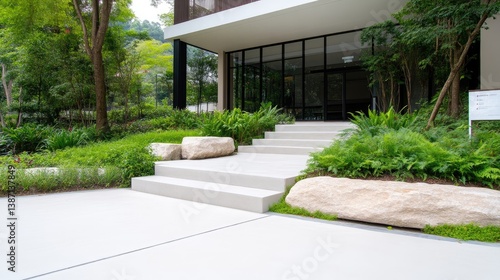 A modern buildings entrance features light-grey concrete steps leading to glass doors. Landscaped areas with lush green plants and large stones flank the steps. The image is well-lit, high-resolution