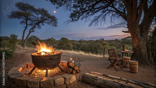 Evening glow from a braai fire pit surrounded by nature, inviting warmth for a cozy gathering