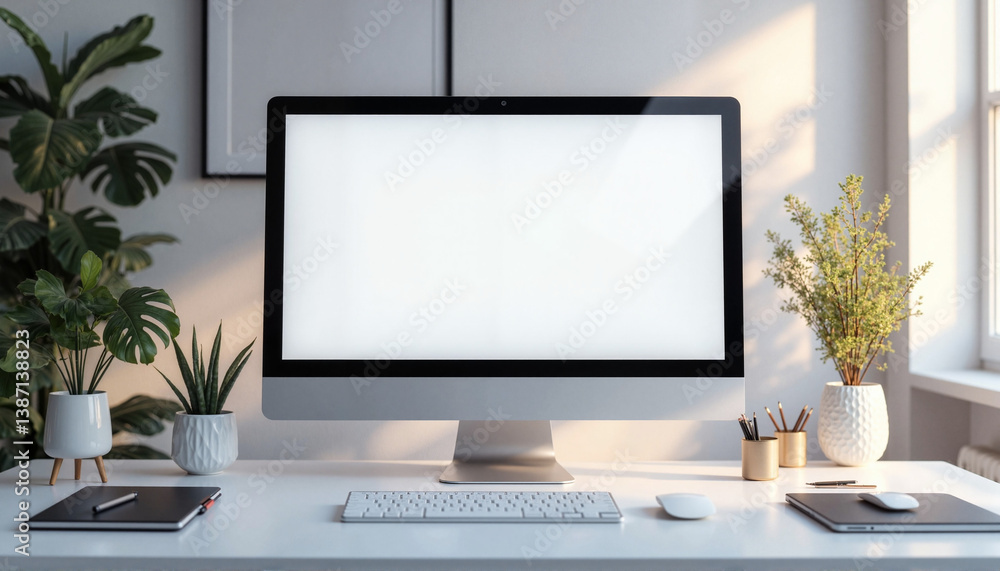 Computer screen mockup featuring a high-resolution monitor on a clean desk Computer screen mockup featuring a high-resolution monitor on a clean desk