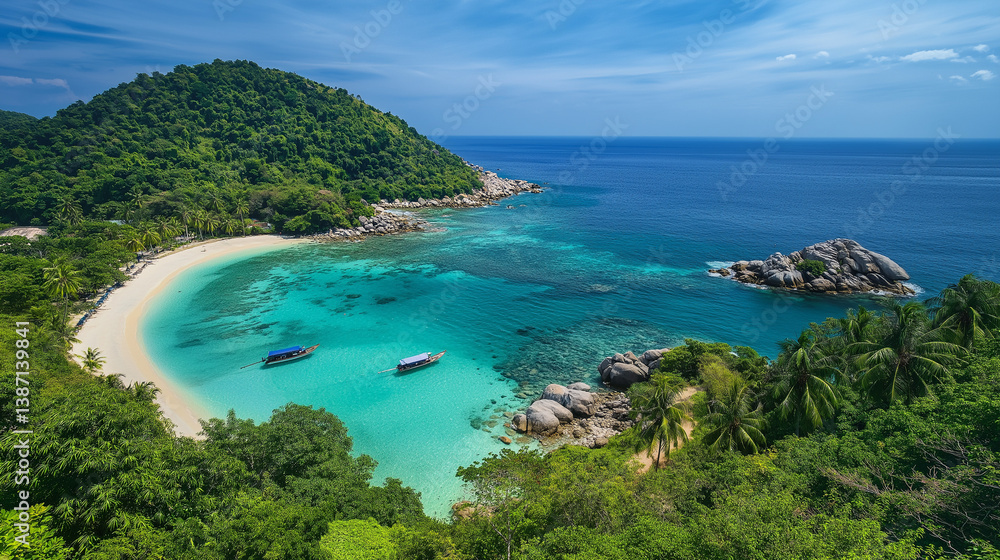 Fototapeta premium Top View of Tropical Beach Island with Turquoise Water. Serene landscape.