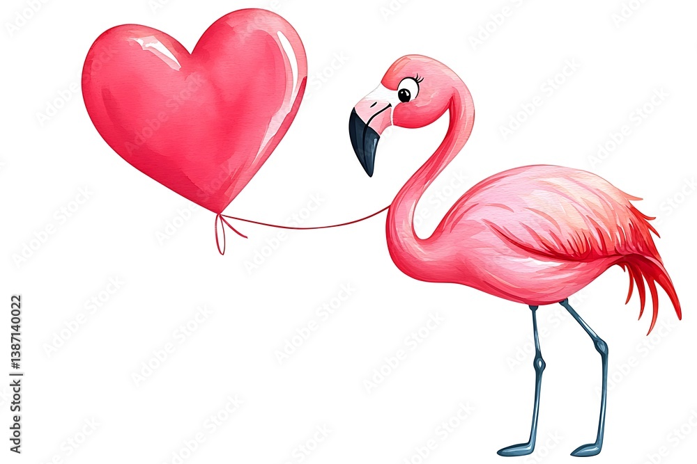 Fototapeta premium Playful Pink Flamingo Holding Heart-Shaped Balloon in Illustration