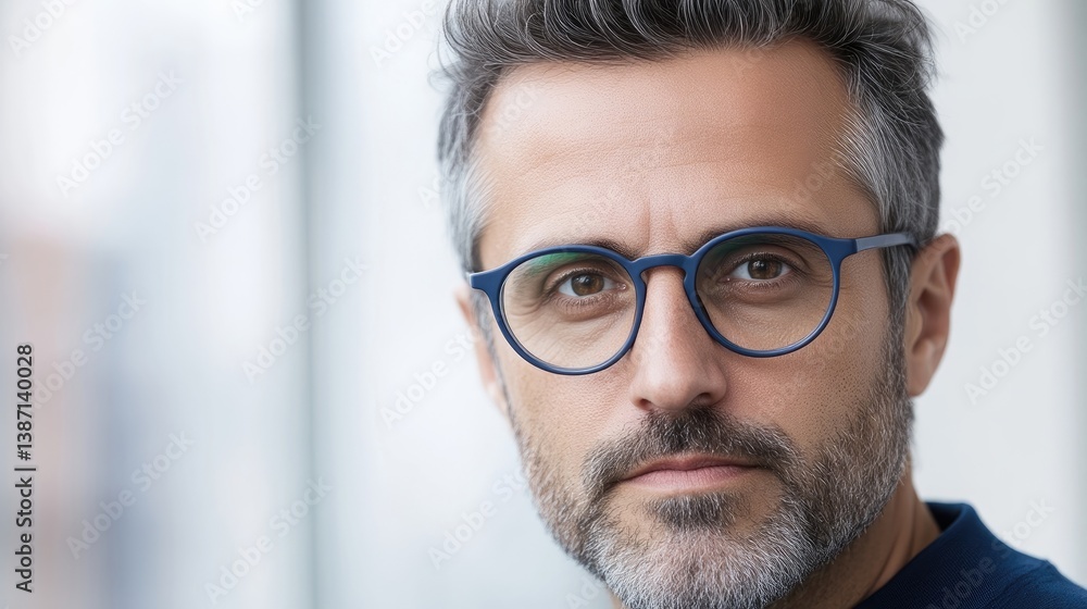 A man with graying hair wears round, blue-framed glasses. The close-up shot features soft lighting. Its a high-quality image with a blurred background. The style is clean and professional. Neutral A man with graying hair wears round, blue-framed glasses. The close-up shot features soft lighting. Its a high-quality image with a blurred background. The style is clean and professional. Neutral