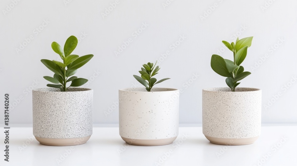 Fototapeta premium Three small plants in speckled pots