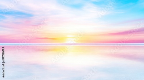 Serene pastel sunset reflecting on tranquil water.  A vibrant mix of soft pinks, blues, and yellows paints the sky and water, creating a peaceful and dreamy scene.
