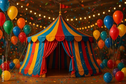 Colorful Circus Tent Adorned With Balloons and Festive Decorations in a Livel...