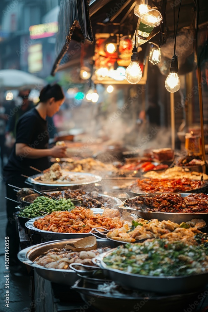 Man cooking street food in a market with various dishes Man cooking street food in a market with various dishes