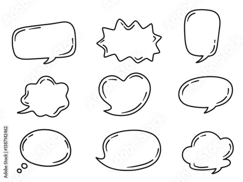 Set of colorful bubble speech. With doodle hand drawn style. For layout, website, graphic design.	