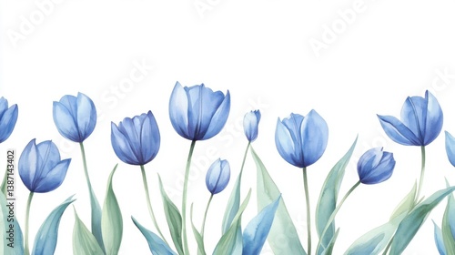 A row of delicate blue tulips with soft green leaves against a white background, showcasing a serene and artistic floral arrangement.