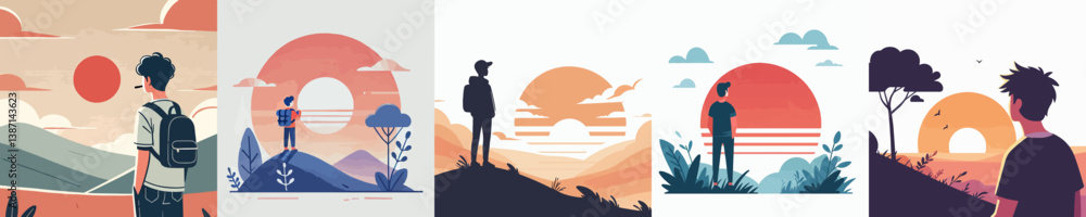 Fototapeta premium vector set of young men enjoying sunset