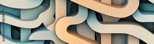A modern abstract design featuring flowing, interconnected shapes in shades of blue and beige, creating a dynamic visual rhythm.
