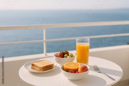 Breakfast on a Balcony With Ocean View, Featuring Fresh Fruits and Juice in t...