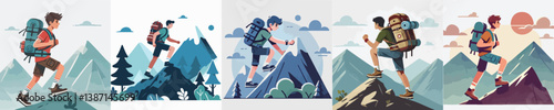 young man climbing mountain vector set