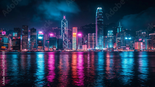 Wallpaper Mural Night cityscape with illuminated skyscrapers reflecting in the water under a dark sky Torontodigital.ca