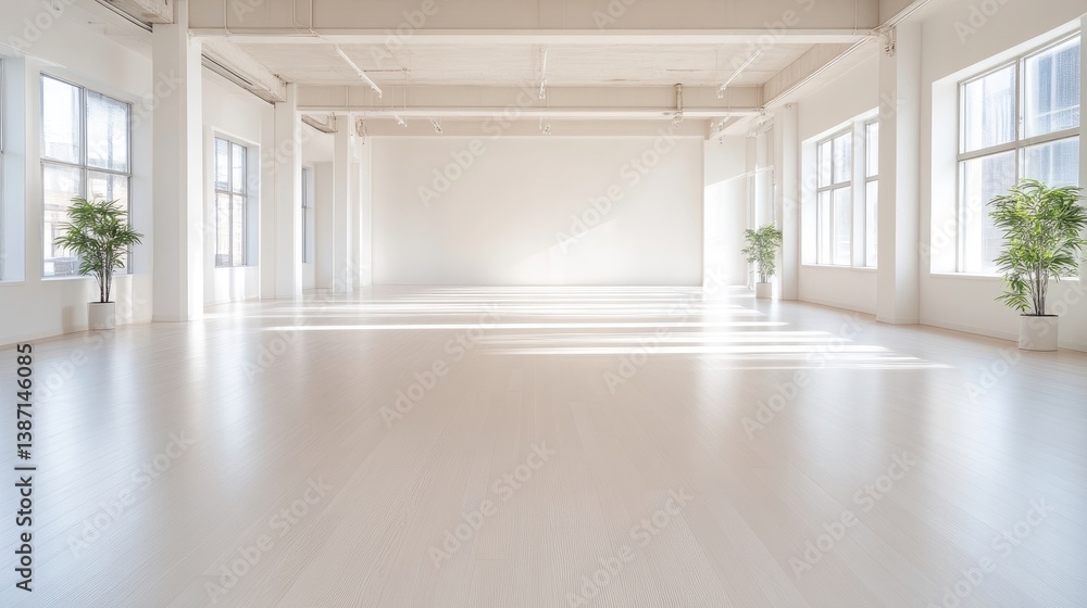 Fototapeta premium Empty Studio Space Plants Minimalist Bright Lighting Wide Angle Shot Polished Floor Sunlit Setting Bright White Tones Ideal for Real Estate Listings