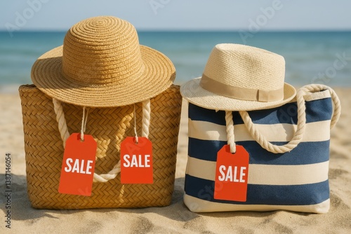 Stylish Beach Bags and Hats on Sandy Shoreline With Ocean in the Background D...