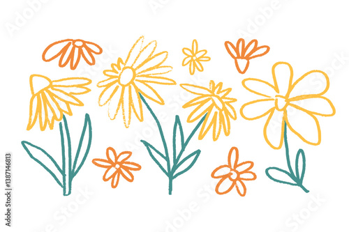 Wildflowers crayon drawn set. Spring daisy, chamomile and marguerite plants doodle. Summer floral kids elements. Chalk or pastel style childish shape. Vector naive illustration on white background.