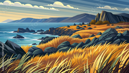 Coastal grassland landscape with volcanic rocks and sea breeze, beautiful beach