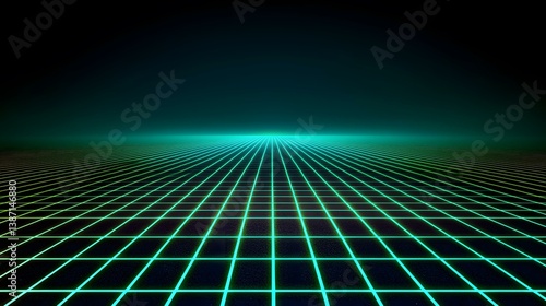 The image shows a grid pattern on a dark surface, reminiscent of a retro video game or 80s aesthetic. Bright teal and green lines form a perspective grid stretching to the horizon against a dark, al