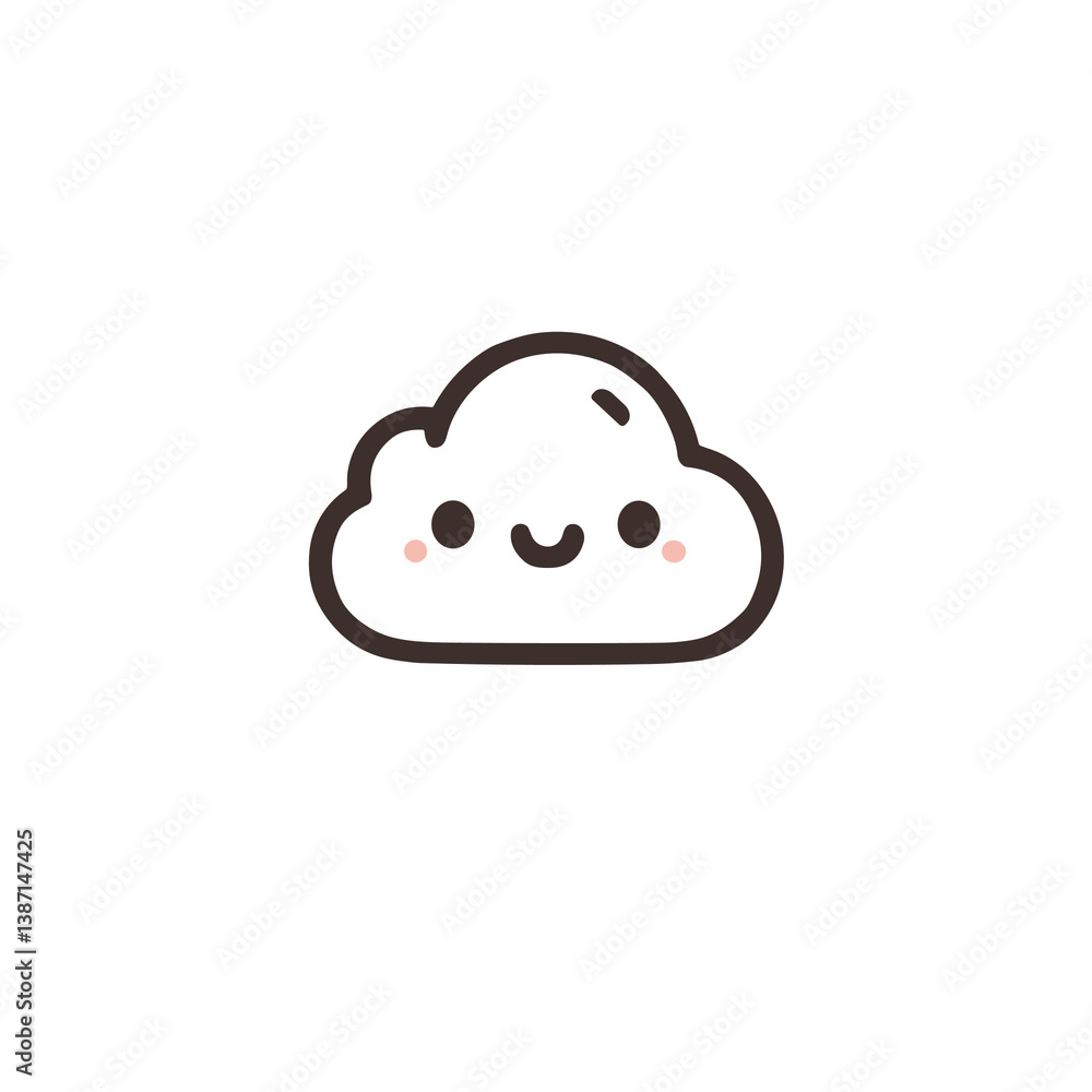 Cheerful cartoon cloud illustration, dark brown outline with pink cheeks on black Cheerful cartoon cloud illustration, dark brown outline with pink cheeks on black
