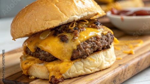 Wallpaper Mural Close up of a juicy beef and cheddar sandwich with melted cheese ready to be enjoyed at a local diner Torontodigital.ca