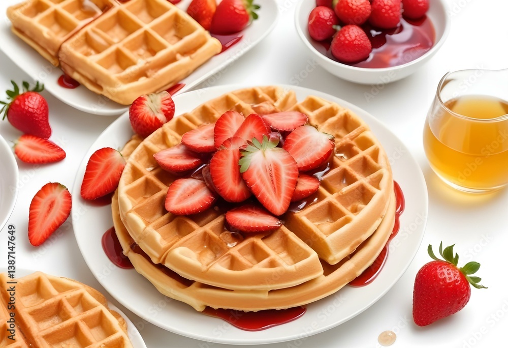 viennese waffles with strawberry and sweet syrup isolated on white background viennese waffles with strawberry and sweet syrup isolated on white background
