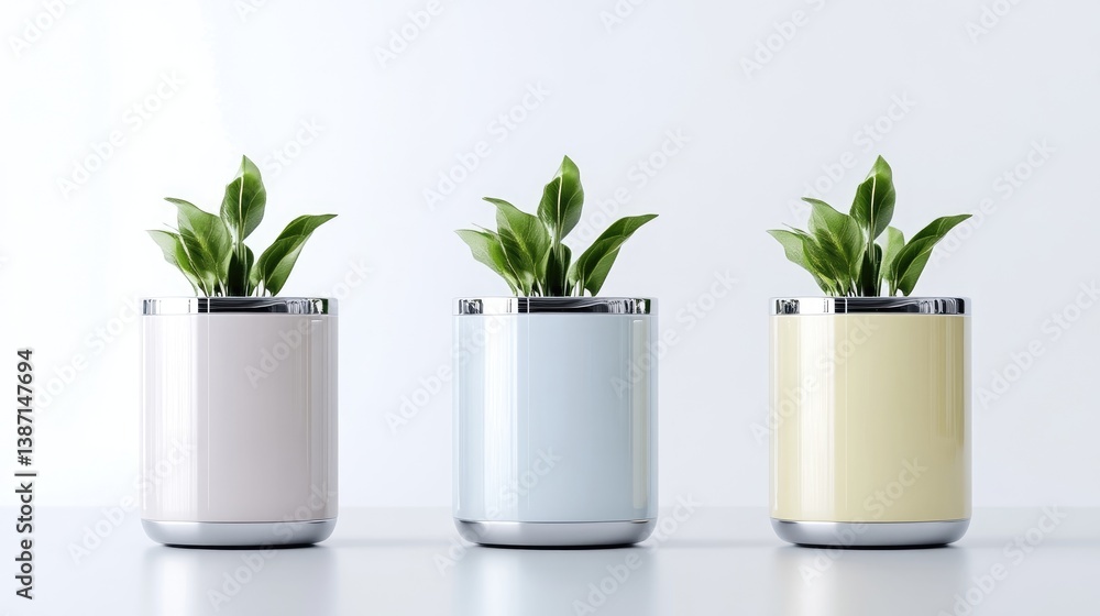 Obraz premium Three potted plants are displayed in a minimalist arrangement. Each plant has vibrant green leaves and sits in a cylindrical pot with a metallic rim the pots are beige, light blue, and pale yellow.