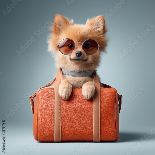 An adorable Pomeranian dog wea stylish sunglasses sits inside a trendy orange leather handbag ready for travel adventures.