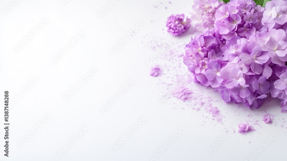 Fototapeta premium Purple lilac flowers arranged on a clean white background with copy space.