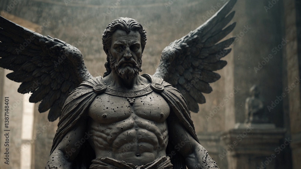 Fototapeta premium A statue of Atophes, god of the grey wings, covered in dust and memories, wings heavy with silence