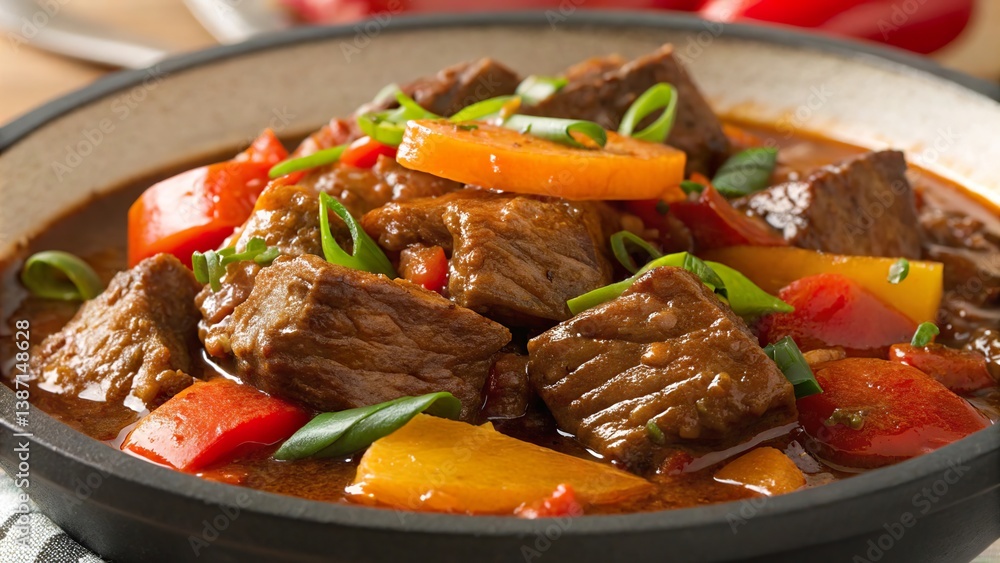 Delicious beef caldereta featuring tender chunks of beef and colorful vegetables served in a rich sauce Delicious beef caldereta featuring tender chunks of beef and colorful vegetables served in a rich sauce