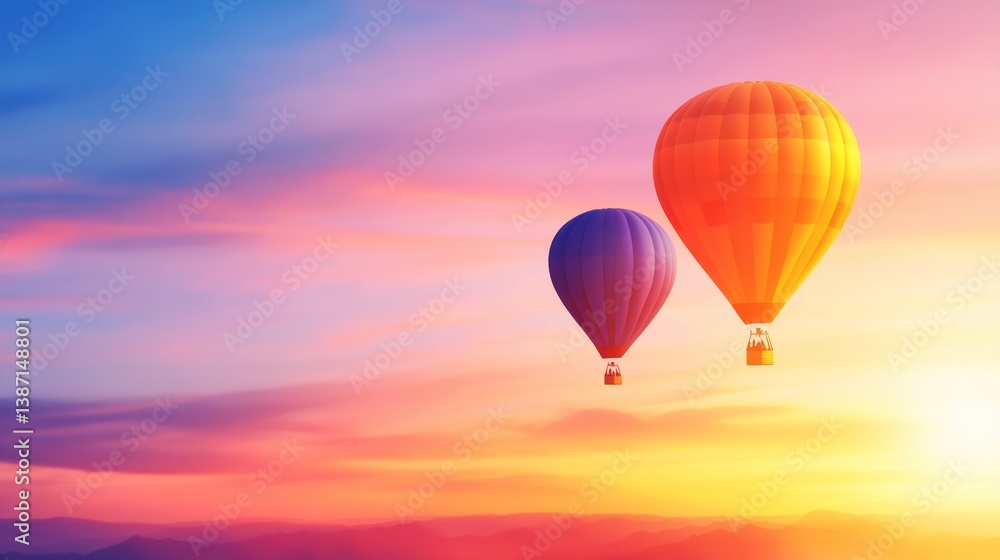 Obraz premium Two vibrant hot air balloons soaring above a picturesque sunset landscape with colorful skies