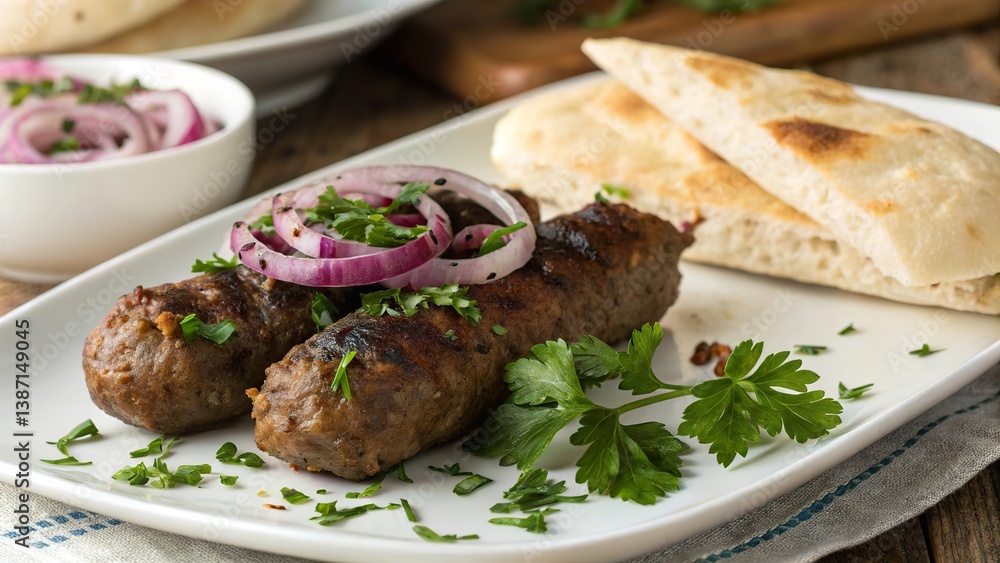 Delicious beef cevapi served with fresh herbs and pita on a white plate for a satisfying meal Delicious beef cevapi served with fresh herbs and pita on a white plate for a satisfying meal