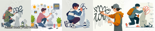 vector set of teenagers making graffiti on the wall