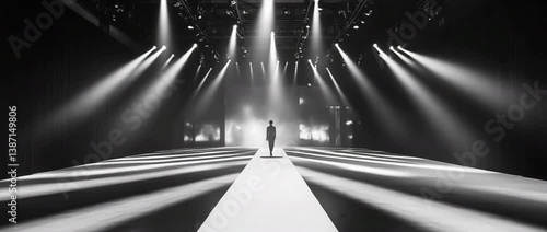 Silhouetted figure walking alone on illuminated runway with dramatic theater lights, deep contrast, slow dolly-in camera movement