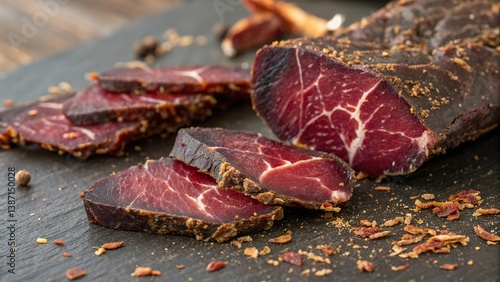 Close up exploration of biltong showcasing intricate texture and spices enhancing its inviting appearance