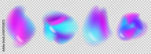 Irregular transparent gradient shapes set. Vector organic liquid splashes. Glow bright blobs with translucent forms. Uneven glamour y2k figures. Colorful fluorescent spots with gradation.