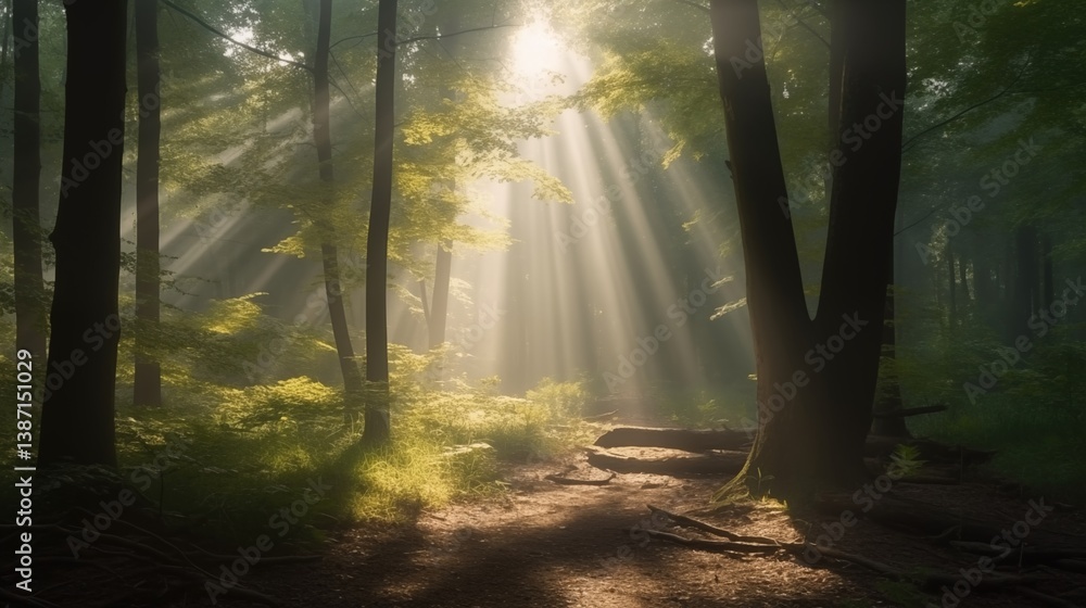 Obraz premium peaceful forest with sunbeams filtering through the trees