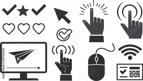 Digital interactions visualized with icons of technology and user engagement elements.