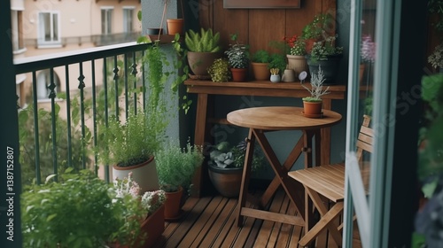Fototapeta Naklejka Na Ścianę i Meble -  small balcony garden with potted plants wooden furniture and a cup of coffee