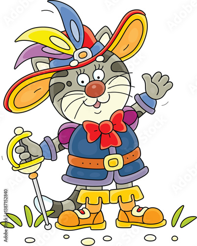 Puss in boots with a beautiful feather hat and a sharp saber, friendly smiling and waving in greeting, vector cartoon illustration on a white background