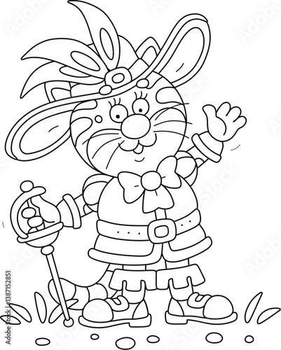 Puss in boots with a beautiful feather hat and a sharp saber, friendly smiling and waving in greeting, black and white outline vector cartoon illustration for a coloring book