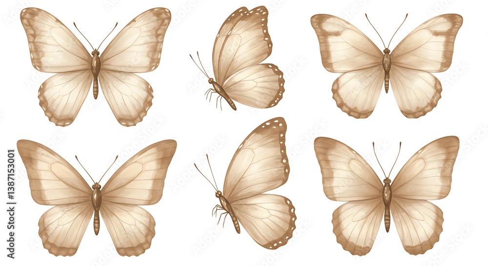 Fototapeta premium Creamy Beige Butterfly Collection Delicate Wings Soft Hues AI Generated